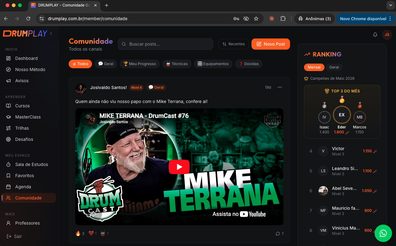 Feed da comunidade e ranking mensal