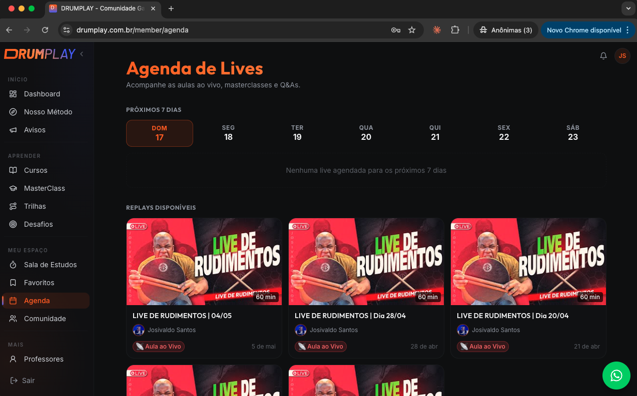 Agenda de Lives Exclusivas com replays