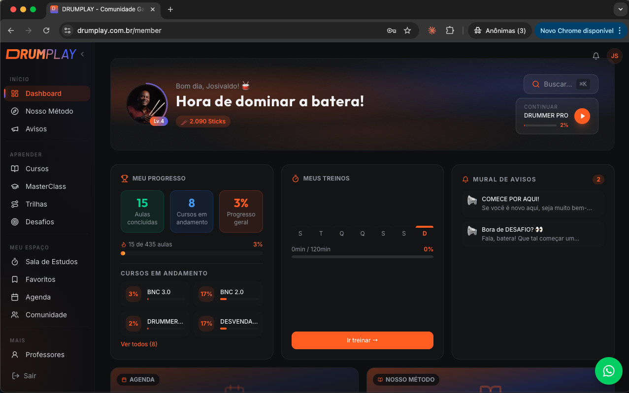 Painel inteligente DrumPlay com progresso e treinos