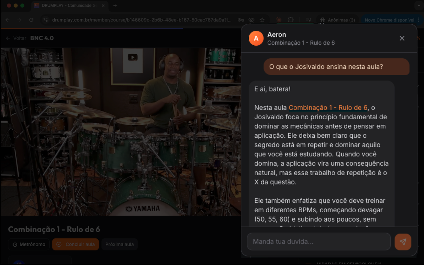 Tutor IA Aeron respondendo dúvida sobre a aula Combinação 1 Rulo de 6